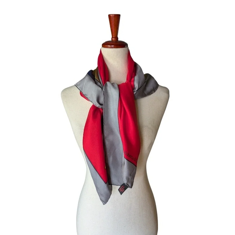 Vintage Roberta di Camerino Red Grey Silk Square Scarf Geometric Belt Motif